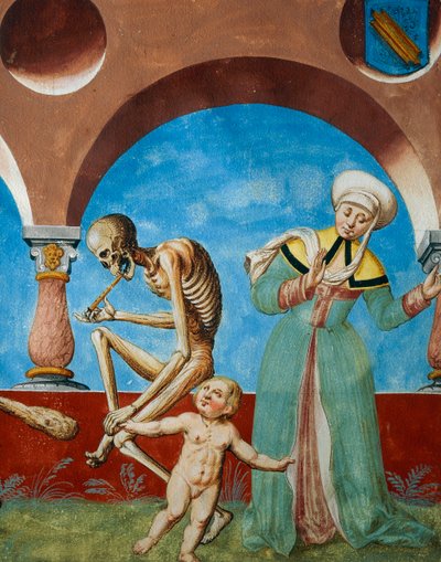 Morte arrancando criança de sua mãe, detalhe da Morte, idiota e mãe com criança do ciclo Dança da Morte de Albrecht Kauw de Niklaus Manuel