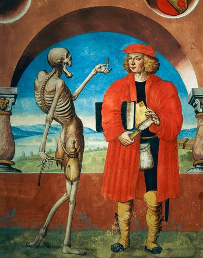 Morte com Jurista, detalhe da Morte, Cavaleiro e Jurista do ciclo de Dança da Morte de Albrecht Kauw de Niklaus Manuel