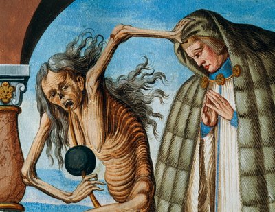 Morte com o Cânon, detalhe da Morte, Abade e o Cânon (o assistente do Abade) do ciclo Dança da Morte de Albrecht Kauw de Niklaus Manuel