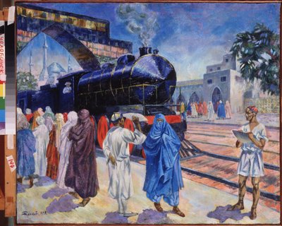 O primeiro trem. Em uma estação de trem na Ásia Central, com uma mesquita ao fundo, a chegada do trem a vapor, os viajantes na plataforma se dirigem para embarcar, sob o olhar do funcionário ferroviário. Pintura de Nikolai Afasasyevich Rusakov (18 de Nikolai Afanasyevich Rusakov