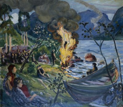 Incêndio a meio do Verão em água de Jølster (óleo sobre tela) de Nikolai Astrup