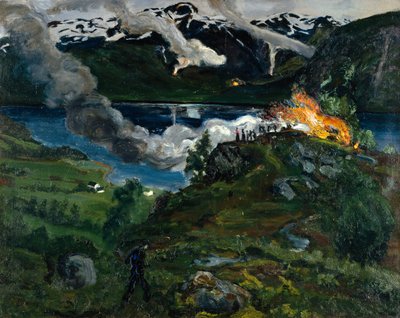 Incêndio de verão médio junto à água do Jølster de Nikolai Astrup