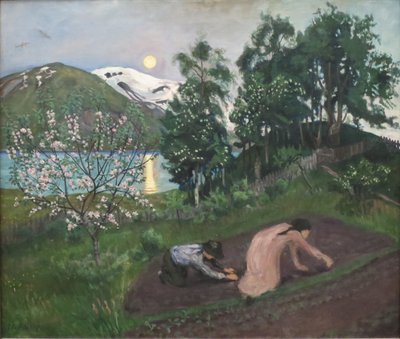 Norueguês Bokmål:  Vårnatt i hagen Noite de primavera de Nikolai Astrup