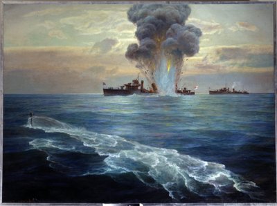 Guerra Civil Russa: o destruidor britânico Victoria torpedeado pelo submarino bolchevique Pantera ao largo da ilha de Seskar (Golfo da Finlândia), 1 de Setembro de 1919. de Nikolai Evlampievich Bublikov