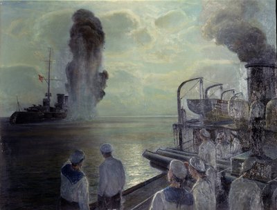 Revolução Russa de 1917: O afundamento da frota do Mar Negro em 18 de Junho de 1918. Pintura de Nikolai Eviampievich Bublikov (1871-1942), óleo sobre tela de Nikolai Evlampievich Bublikov