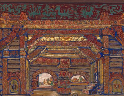 O palácio do czar Berendey. Cenografia da peça de teatro Snow Maiden de A. Ostrovsky, 1912 de Nikolai Konstantinowitsch Roerich