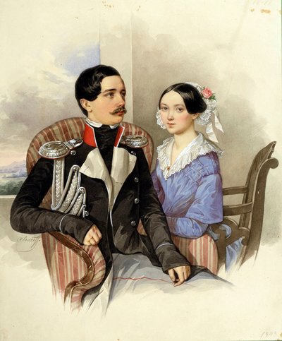 Retrato do Conde Jakov Karlovich Sievers (1818-1865) e da Condessa Vera Mikhaylovna (1818-1865) - Obra de N M Alexeyev (1800-1850) de Nikolai Mikhailovich Alexeyev