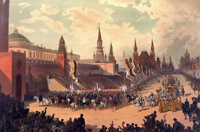 Álbum de coroação do czar Alexandre III da Rússia (1845-1894) e da imperatriz Maria Feodorovna (Dagmar da Dinamarca) (1847-1928) - A entrada cerimonial de Alexandre III na Praça Vermelha (do álbum de coroação) de Karasin, Nikolai Nikolayevich de Nikolai Nikolayevich Karasin