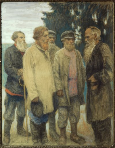 Leo Tolstoy com Agricultor - Pastel por Bogdanov-Bjelski de Nikolai P. Bogdanow Bjelski