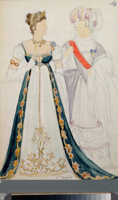 Desenho de figurino para a ópera "Eugene Onegin de P Tchaikovsky" (1840-1893) - De Nikolai Pavlovich Ulyanov (Ulyanov) (1875-1949), lápis e aguarela sobre papel de Nikolai Pavlovich Ulyanov