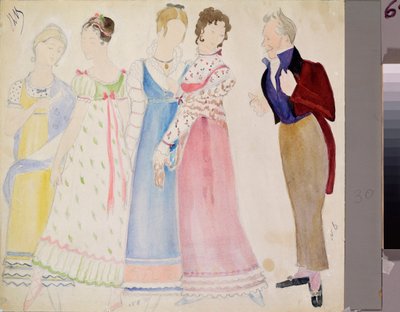 Desenho de figurino para a ópera "Eugene Onegin de P Tchaikovsky" (1840-1893) - De Nikolai Pavlovich Ulyanov (Ulyanov) (1875-1949), lápis e papel, com fundo preto e branco de Nikolai Pavlovich Ulyanov