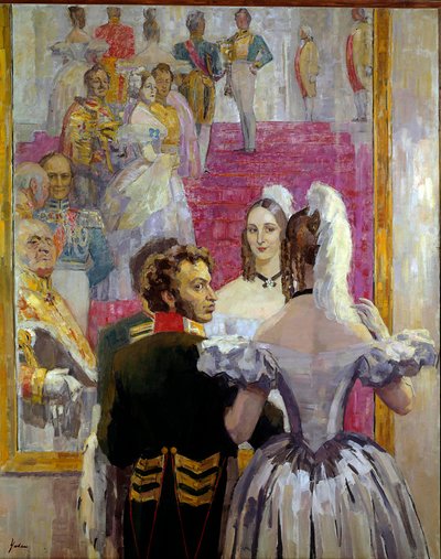 Poeta russo Alexander Pushkin (Pushkin) (1799-1837) e sua esposa Natalia Gontcharova (Goncharova) no Anichkof Palace Ball. Pintura de Nikolai Pavlovich Ulyanov (Ulyanov) (1875-1949) de Nikolai Pavlovich Ulyanov