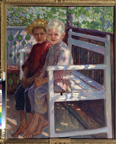 Crianças. Duas crianças, uma com cabelo louro, a outra com cabelo castanho, sentadas descalças sobre um banco ao sol. Pintura de Nikolai Petrovich Bogdanov Belsky (Bogdanov-Belsky) (Bogdanov-Belski) (1868-1945). Óleo sobre tela de Nikolai Petrovich Bogdanov Belsky