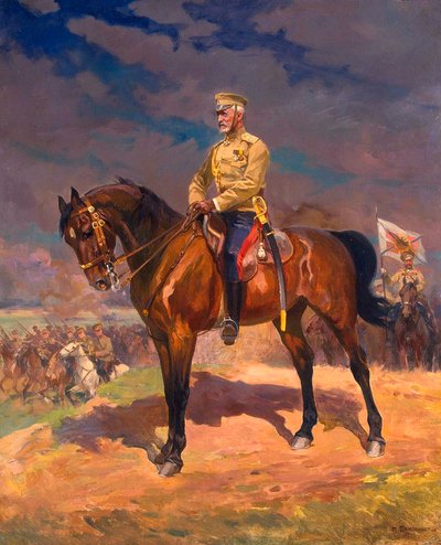Retrato do Grão-Duque Nikolai Nikolayevich 1856-1929 a cavalo, década de 1910. de Nikolai Semyonovich Samokish