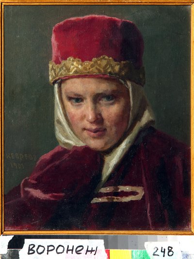 Esposa de Boyar (boiard, boiar). Vestindo vestuário russo tradicional, no Grão-Ducado de Moscovo. Pintura de Nikolai Vasilyevich Nevrev (1830-1904), óleo sobre tela de Nikolai Vasilievich Nevrev