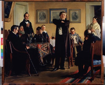 O ator Pavel Mochalov (1808-1848) cerca seus admiradores. (Ator P. Mochalov entre seus fãs). Considerado o maior trágico da Rússia romântica, ele interpreta um papel em um salão privado, os espectadores atentos e tomados pela emoção de Nikolai Vasilievich Nevrev