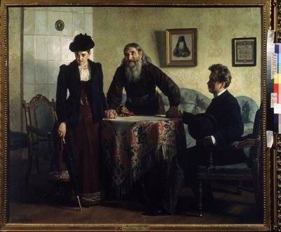 Uma Repreensão (Uma Admoestação). Um casal em crise conjugal visita um padre ortodoxo e recebe uma lição de conduta moral. Pintura de Nikolai Vasilyevich Nevrev (1830-1904), óleo sobre tela de Nikolai Vasilievich Nevrev