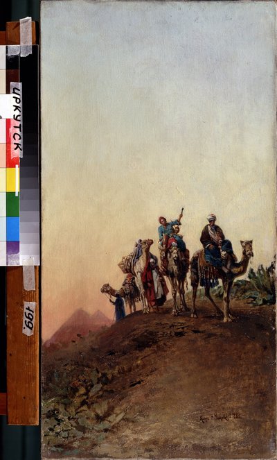Camelos perto das Pirâmides de Giza (Giseh, Giza, Giza) (Cairo, Egipto). (Camelos perto das Pirâmides). Pintura de Nikolai Yegorovich Makovsky (1842-1886), óleo sobre tela de Nikolai Yegorovich Makovsky