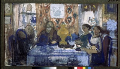 Tomar chá. Uma família reunida à volta de uma mesa com um samovar no centro. Trabalho de Nikolai Nikolayevich Sapunov (Sapunov) (1880-1912), tempera a bordo de Nikolaj Nikolaevic Sapunov