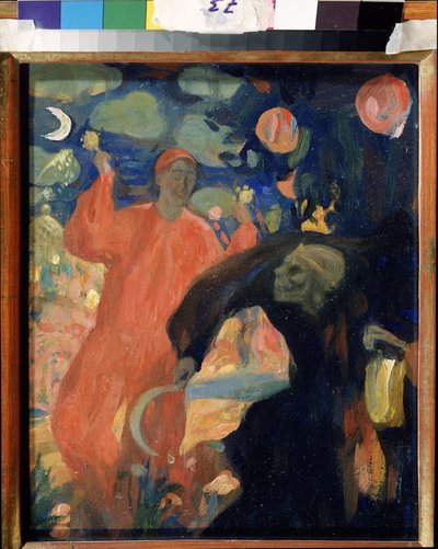 Em Memória de Nikolai Sapunov (Sapunov) (1880-1912) (Em Memória de N. Sapunov). A morte personifica as curvas e foge perante uma figura sorridente da vida, acenando maracas. Trabalho de Nicholas (Nikolai) Dimitrievich Millioti (1874-1962), óleo sobre papel de Nikolaj Nikolaevic Sapunov