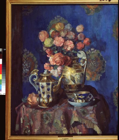 Natureza morta com flores. Obra de Nikolai Nikolayevich Sapunov (Sapunov) (1880-1912), têmpera e pastel sobre papelão. Arte russa do início do século 20, arte moderna. Museu Estatal Russo, São Petersburgo. de Nikolaj Nikolaevic Sapunov
