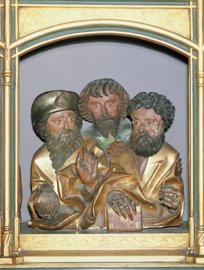 Esculturas em madeira de São Tiago Maior, São Simão e São Tadeu, da predelação do Retábulo de Isenheim, c.1490 (madeira pintada) de Nikolaus Hagenauer