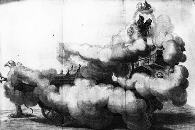 Uma carruagem puxada por grifos e dirigida por Carlo di Lorenzo, desenhada por Carlo Pasetti, estampa feita por Gerhart Bouttats, de Nikolaus van Hoy