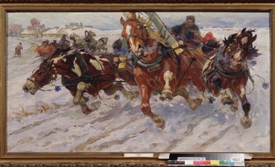 Troika (marreta com três cavalos). Pintura por Nikolai Semyonovich Samokish (1860-1944), óleo sobre tela de Nikolay Semenovich Samokish