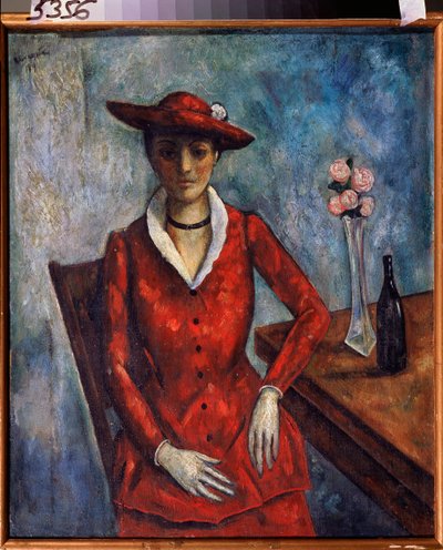 Uma mulher de vermelho - Pintura de Nikolai Vladimirovich Sinezubov (Nicolas Sinezouboff) (1891-1956), óleo sobre tela de Nikolay Vladimirovic Sinezubov