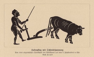 Arado grego antigo puxado por bois (litografia) de Nikosthenes