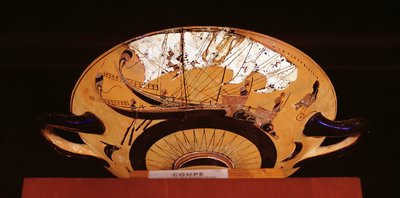 Detalhe do exterior de uma taça de figuras negras do sótão representando um veleiro grego, c.520 BC (olaria) de Nikosthenes