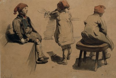 Meninos com capuz de duende (aquarela sobre papel) de Nils Bergslien