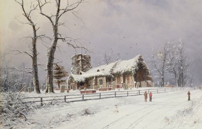 Cena de inverno com figuras em um caminho perto de uma igreja de Nils Hans Christiansen