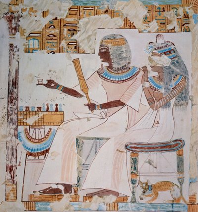 Neferrompet e a sua mulher a jogar xadrez, cópia de um fresco do túmulo de Neferrompet, Tebas, datado do reinado de Ramsés II, placa de Ancient Egyptian Paintings, de Nina Davies de Nina de Garis Davies