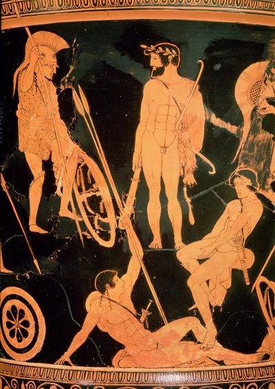 Herakles e heróis gregos, detalhe de um cálice ático de figura vermelha, c.490 aC (cerâmica) (ver também 92577 e 19106) de Niobid Painter