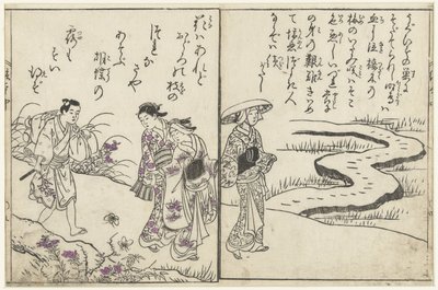 Caminhantes numa paisagem com flores de Nishikawa Sukenobu (attributed to)
