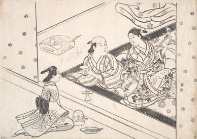 Lady jogando Shamisen, com seu amante e atendente nas proximidades. de Nishikawa Sukenobu