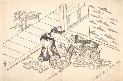 Duas mulheres reclinadas no chão de uma sala e lendo um livro, c. 1730., c. 1730. de Nishikawa Sukenobu