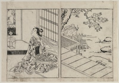 Mulher olhando um pergaminho pendurado, c. 1740s. de Nishikawa Sukenobu