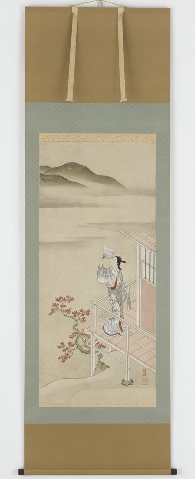 Mulher jovem, com, um, ventilador, ligado, um, varanda, admirar, maple, penduradas, scroll, 17th-18th, century, (ink, e, colour, on paper) de Nishikawa Sukenobu