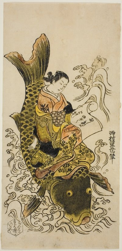Courtesan Riding a Carp (paródia do Daoísta Imortal Kinko [chinês: Qin Gao]) de Nishimura Shigenaga