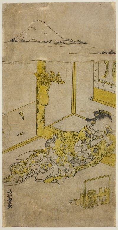 Mulher jovem dormindo com o Monte Fuji acima de Nishimura Shigenaga