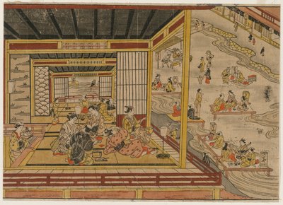 Casa de chá ao lado do rio Kamo em Kyoto, década de 1740. de Nishimura Shigenaga