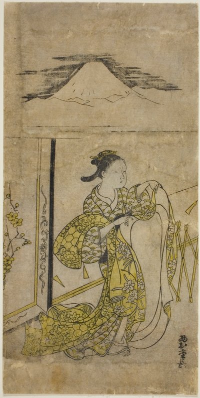 Mulher segurando quimono com o Monte Fuji acima de Nishimura Shigenaga