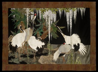Guindastes, cicadáceas e glicínias, c1905 de Nishimura Sozaemon