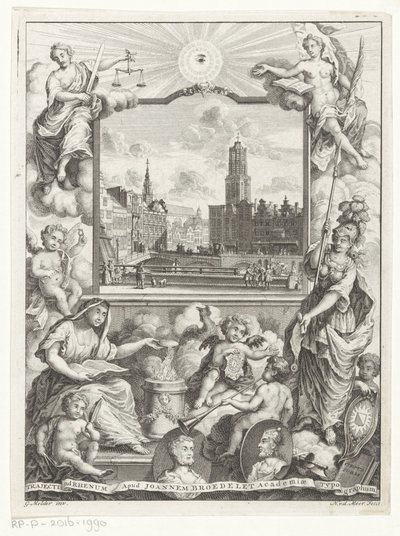 Stadsgezicht com Domkerk te Utrecht e alegoria com Utrechtse stedenmaagd Título da página: Elias de Vries, Dissertatio juridica, de jure naturale ac gentium, seu duobus prioribus juris fontibus, 1745. de Noach van der Meer (I)