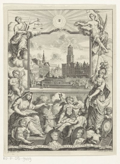Stadsgezicht com Domkerk te Utrecht e alegoria com Utrechtse stedenmaagd Título da página: Elias de Vries, Dissertatio juridica, de jure naturale ac gentium, seu duobus prioribus juris fontibus, 1745. de Noach van der Meer (I)