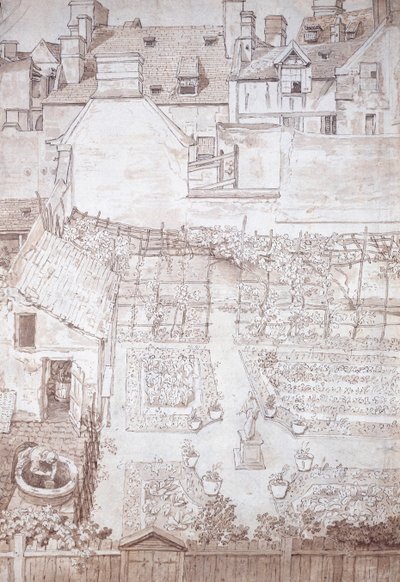Um jardim de uma casa de cidade, com parterres e pérgula de videira, encerrado por edifícios, c.1677 (caneta e tinta castanha com lavagem castanha) de Noel Gasselin