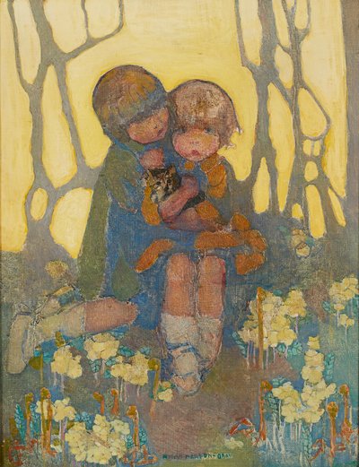 Irmãs com um gatinho (óleo sobre tela) de Norah Neilsen Gray