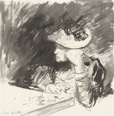 Senhora com chapéu de palha senta-se a ponderar à mesa de Norbert Goeneutte